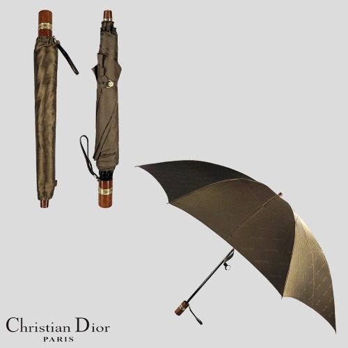 크리스찬 디올 카키올리브 우드핸들 금장 레더스트랩 로고프린팅 접이식 폴딩 수동 2단 우산 양산 양우산