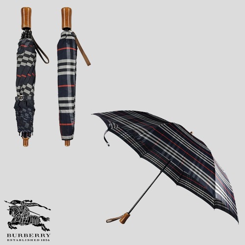 버버리 네이비 노바체크 우드핸들 레더스트랩 접이식 폴딩 수동 2단 우산 양산 양우산