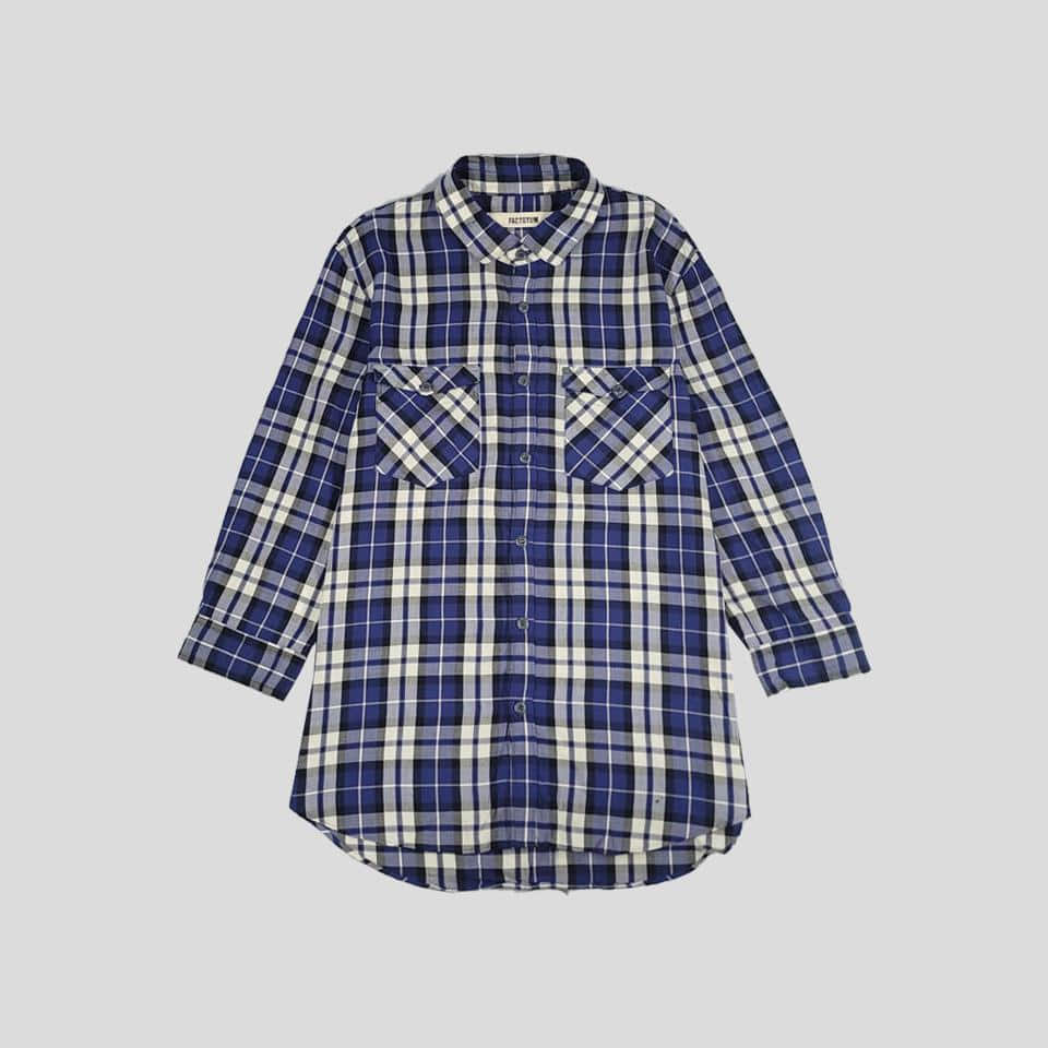 FACTOTUM 블루 화이트 체크 더블포켓 레이온 텐셀 7부 남방 셔츠 MADE IN JAPAN M