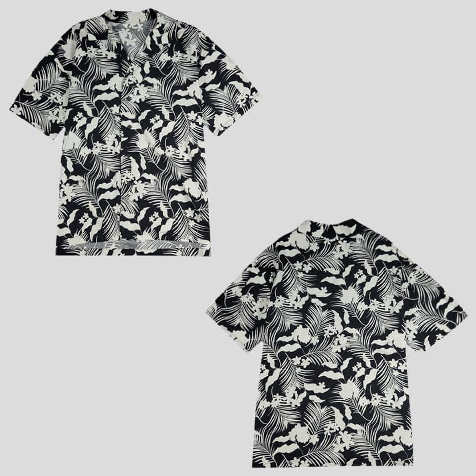 빈티지 블랙 화이트 하와이안 플라워 리프 패턴 코튼혼방 반팔셔츠 하프셔츠 M