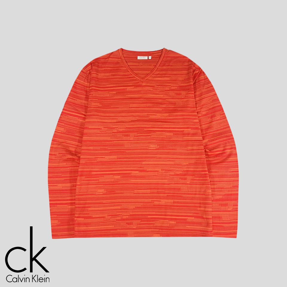 캘빈클라인 레드 오렌지 스트라이프 패턴 코튼100 브이넥 긴팔 티셔츠 롱슬리브 M