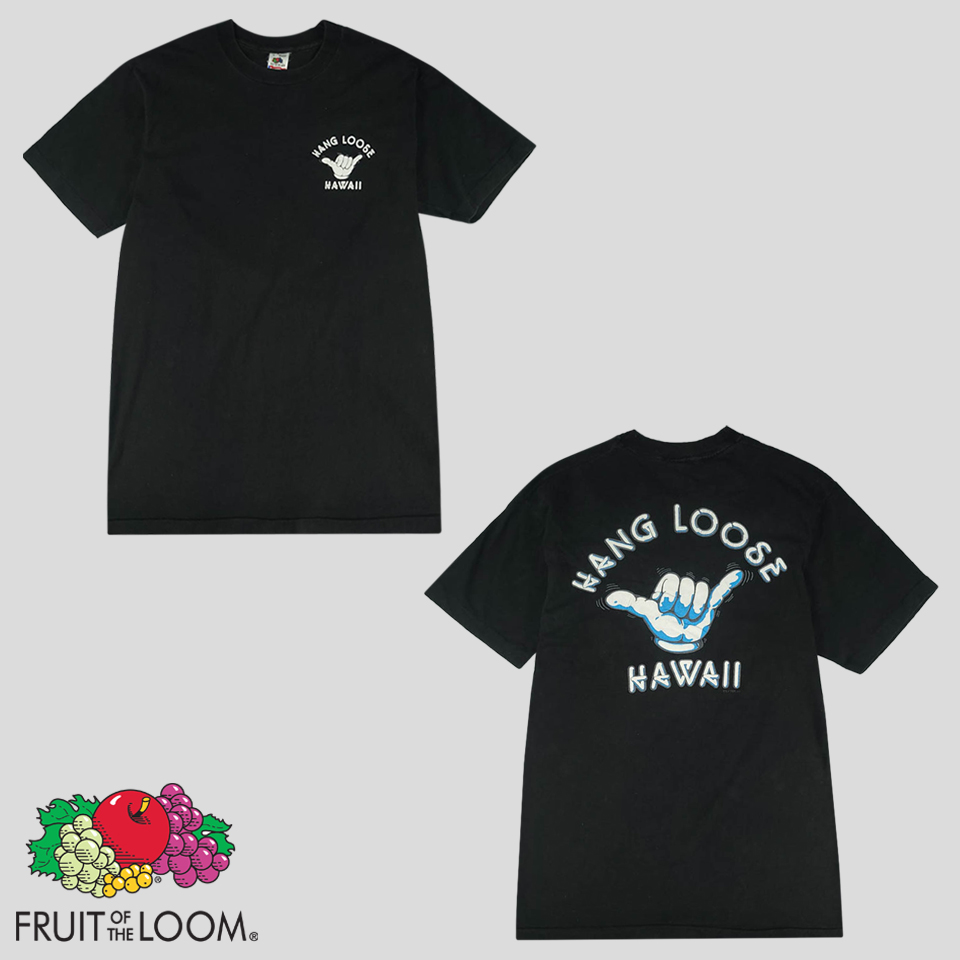 프룻오브더룸 90s 피그먼트 블랙 HANG LOOSE HAWAII 프린팅 헤비코튼100 반팔 티셔츠 MADE IN USA L