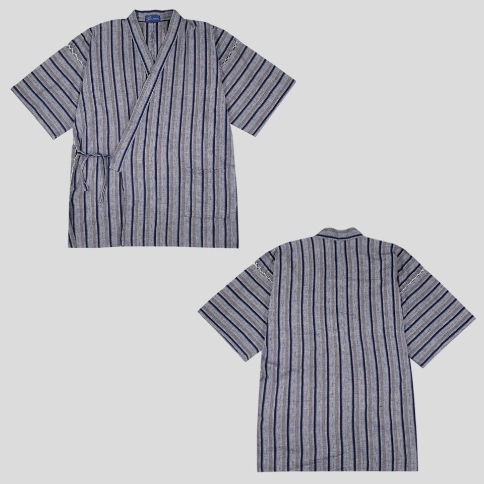 빈티지 그레이톤 스트라이프 패턴 오리엔탈 동양풍 일본풍 한텐 하오리 유카타 슬립웨어 반팔 티셔츠 MADE IN JAPAN 2XL