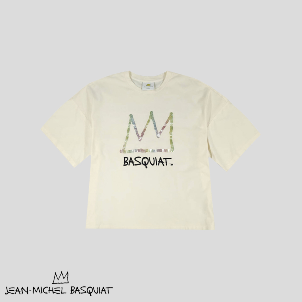 JEAN MICHEL BASQUIAT x Clride.n 아이보리 멀티컬러 글리터 로고 프린팅 반팔 티셔츠 WOMANS M