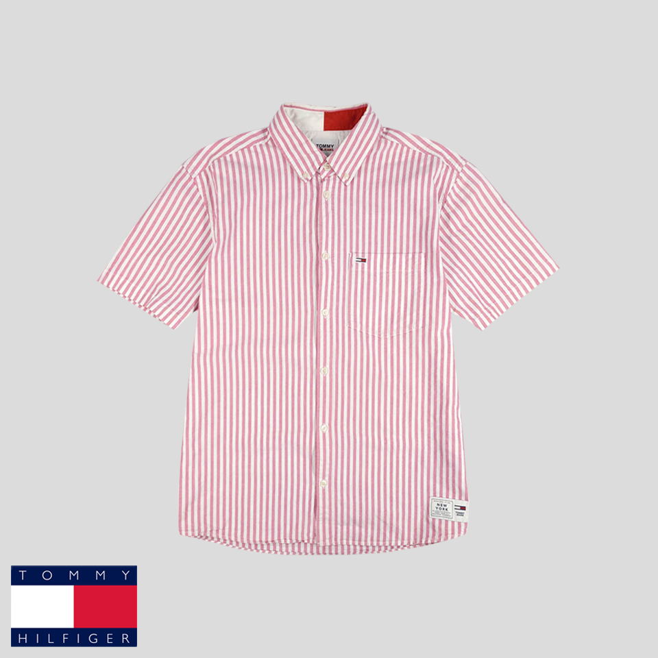 타미힐피거 타미진스 핑크 화이트 세로 스트라이프 버튼다운 로고패치 코튼100 반팔셔츠 하프셔츠 XL