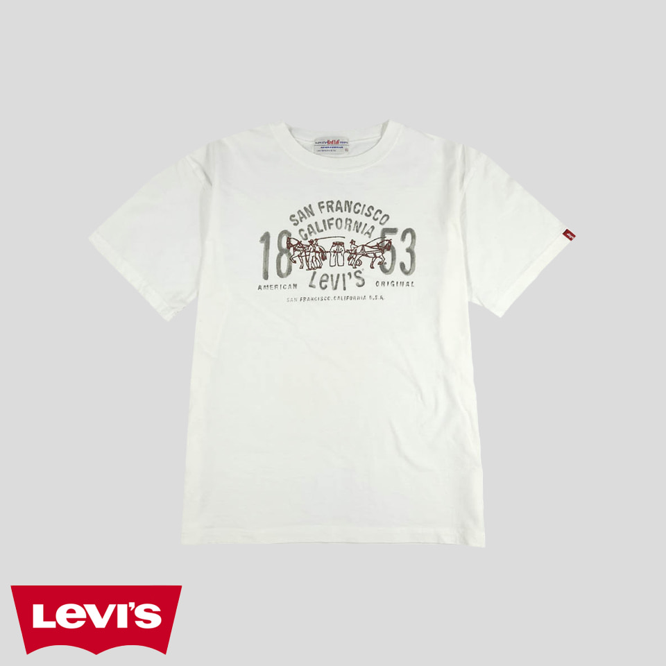 리바이스 00s JP 화이트 브러쉬드 빅프린팅 아메카지 워크웨어 헤비코튼100 반팔 티셔츠 XL