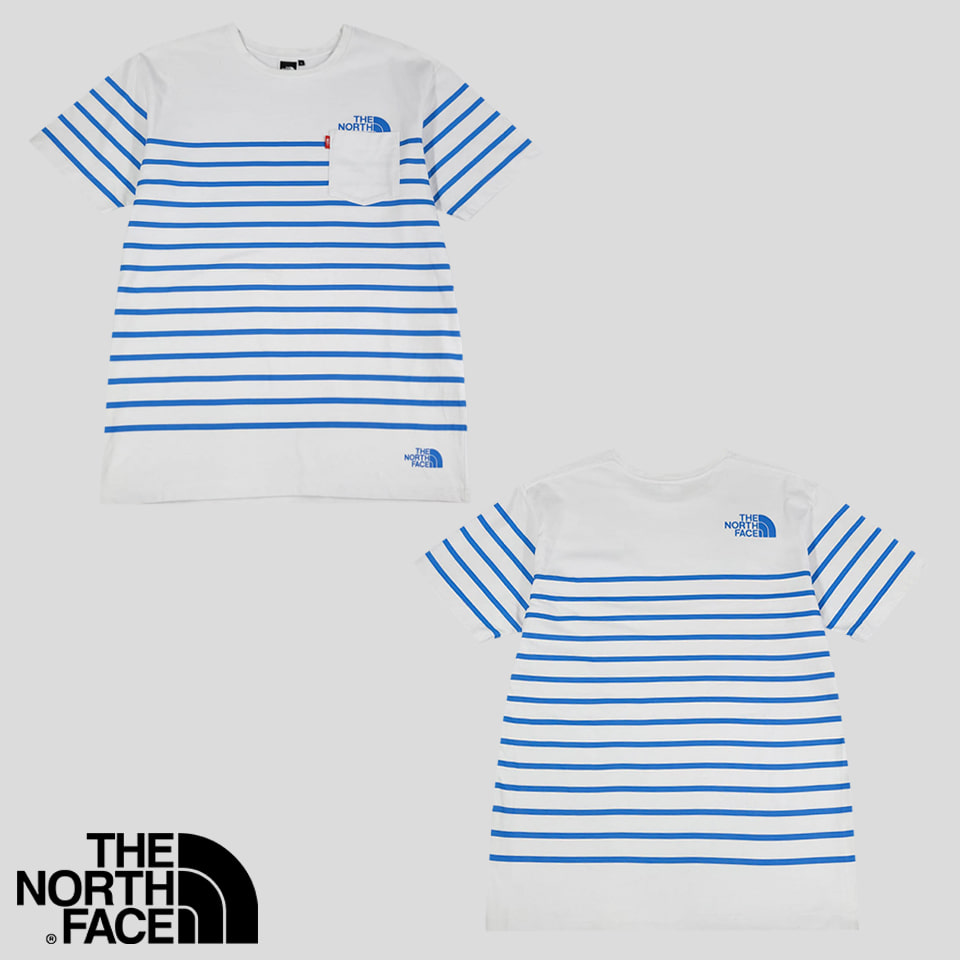 노스페이스 JP 화이트 블루 스트라이프 포켓 로고 코튼 혼방 반팔 티셔츠 M