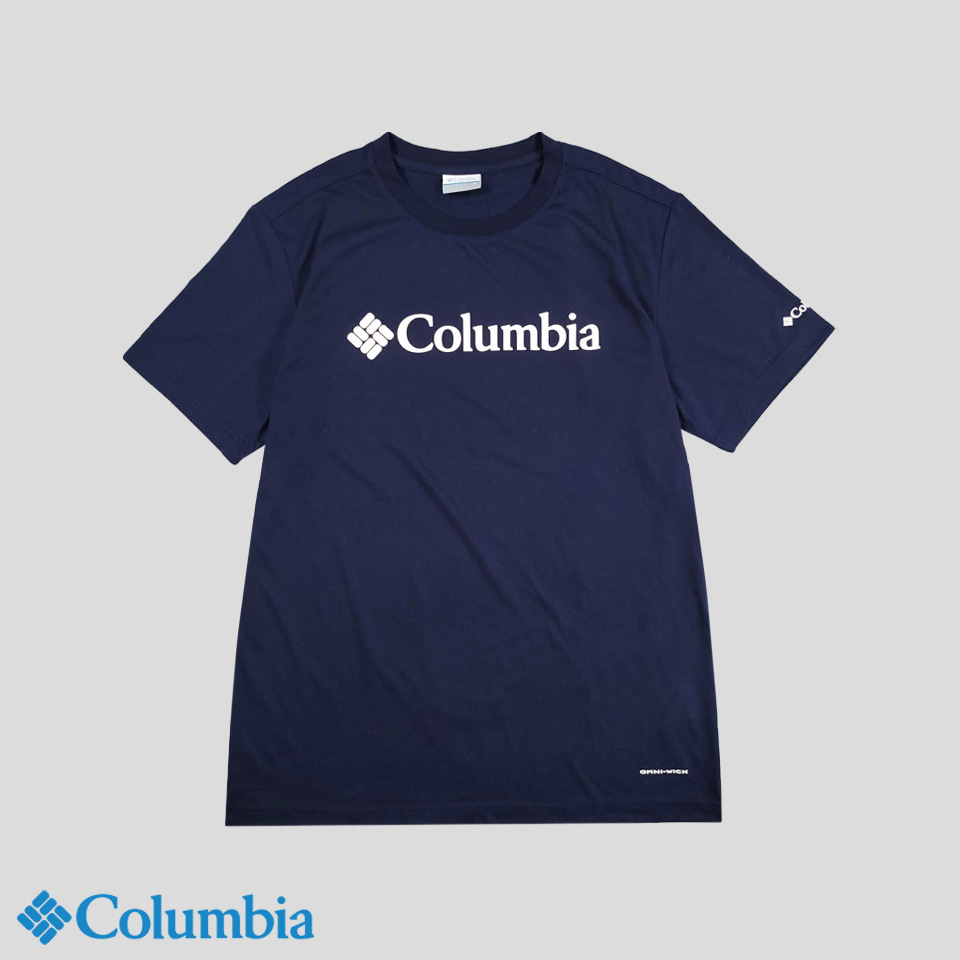 콜롬비아 네이비 미드 화이트 빅프린팅로고 옴니위크 기능성 하이킹 등산 폴리100 기능성 반팔 티셔츠 M