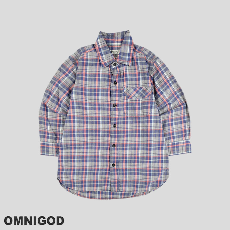 옴니갓 그레이 블루 레드 타탄체크 가먼트 게런티드 아메카지 코튼100 7부 남방 셔츠 MADE IN JAPAN S