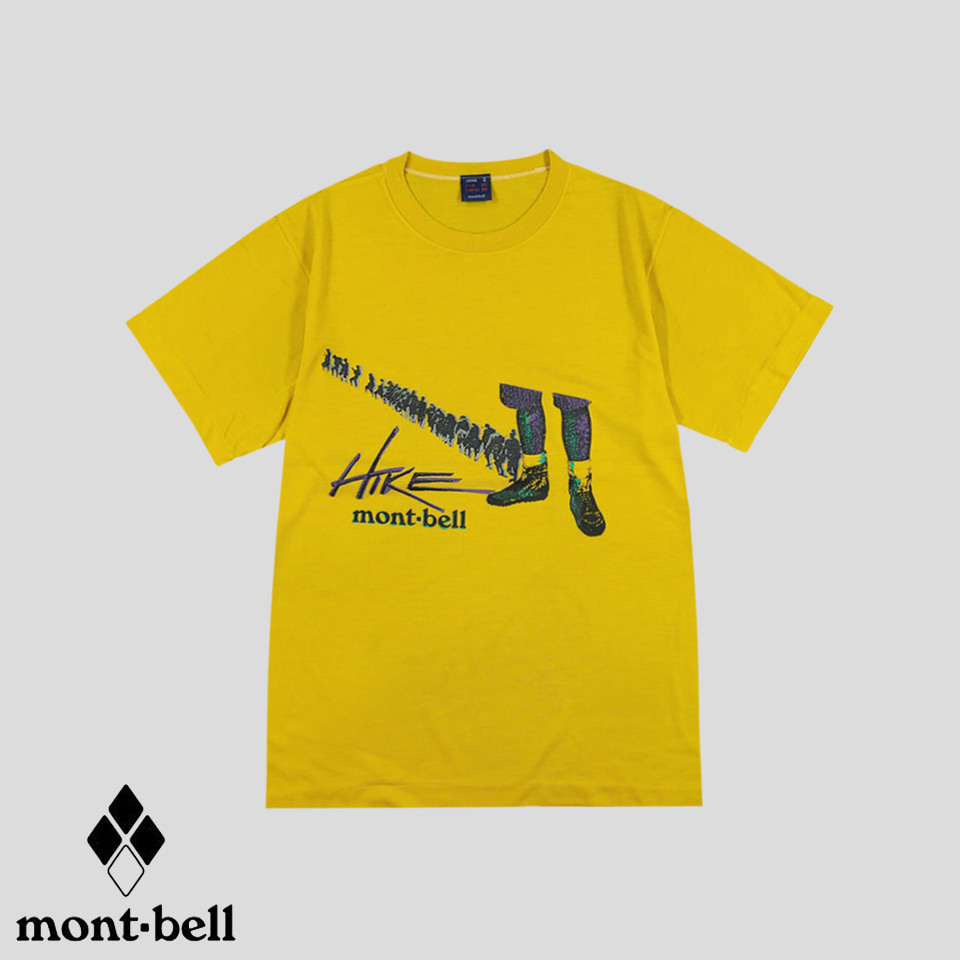 몽벨 90s 옐로우 하이크 프린팅 클래식 아웃도어 올드스쿨 반팔 티셔츠 S