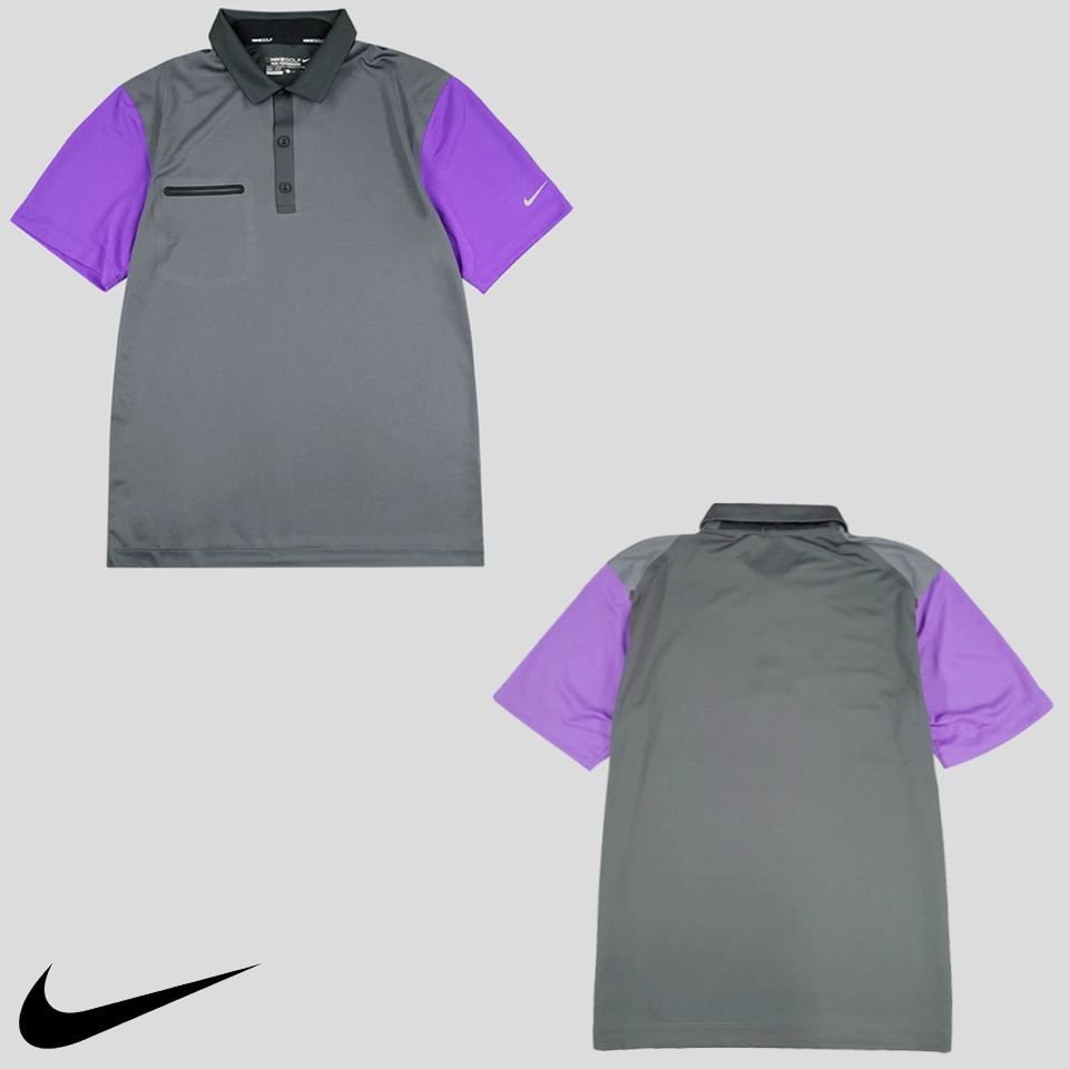 나이키 골프 차콜 퍼플 배색 하프버튼 카라넥 드라이핏 져지 기능성 반팔 티셔츠 M