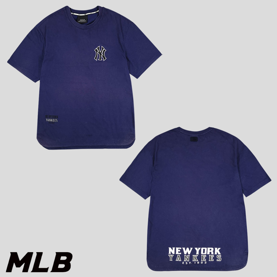 MLB 엠엘비 피그먼트 네이비 뉴욕양키즈 멀티자수 언발란스 라운드컷 코튼혼방 반팔 티셔츠 XL