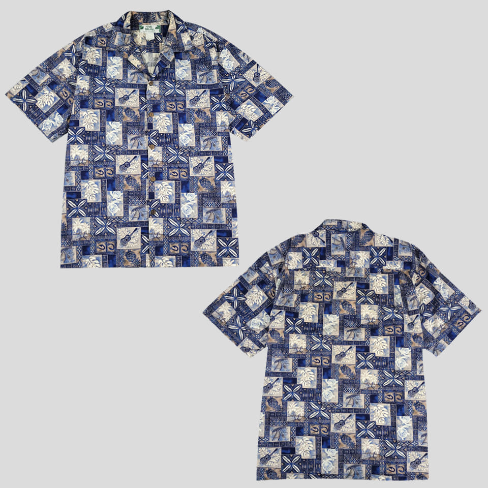 TWO PALMS 블루톤 스퀘어 하와이안 패턴 우드버튼 반팔셔츠 하프셔츠 MADE IN HAWAII M