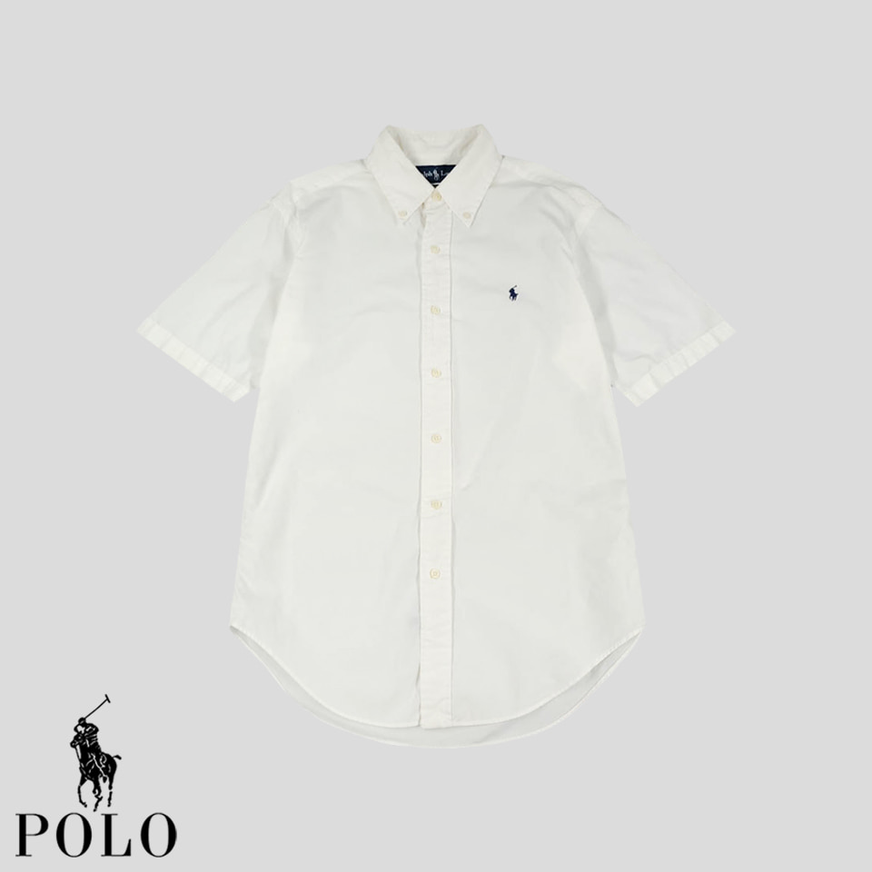 폴로랄프로렌 화이트 네이비포니 코튼100 옥스포드 솔리드 버튼다운 반팔셔츠 하프셔츠 M