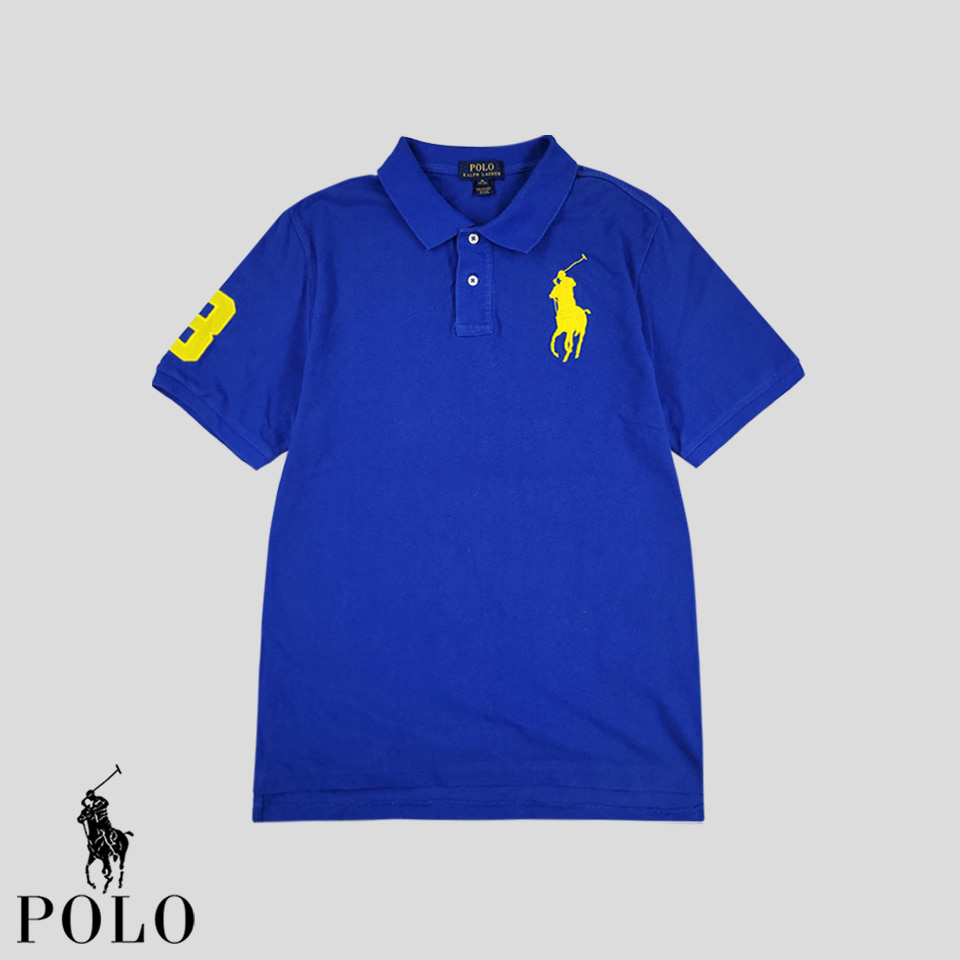 폴로랄프로렌 블루 옐로우 빅포니 넘버3 PK 피케이 피케 카라넥 하프버튼 반팔 티셔츠 M
