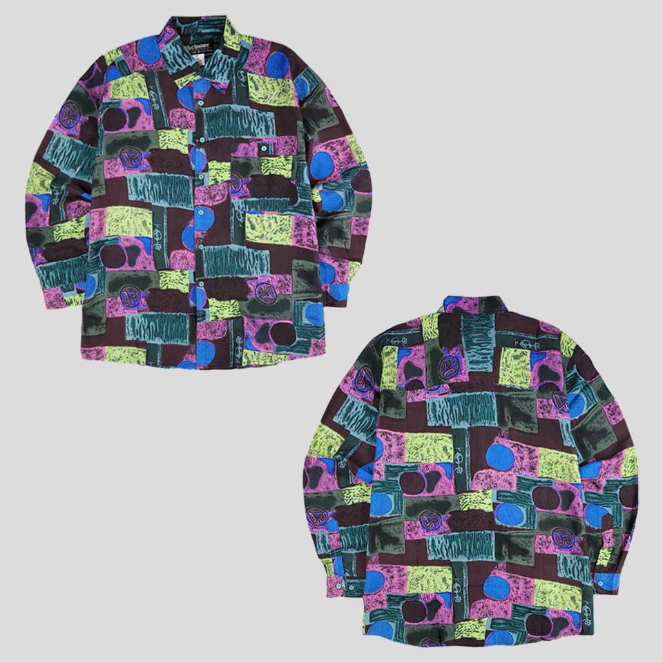 빈티지 블루 퍼플 멀티컬러 드로잉 패턴 카라넥 실크100 남방 셔츠 L