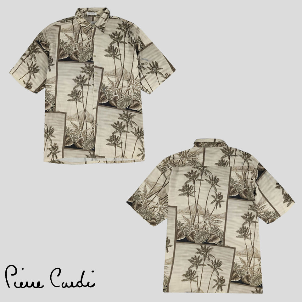 피에르가르뎅 카키브라운 야자수 하와이안 패턴 레이온100 반팔셔츠 하프셔츠 XL