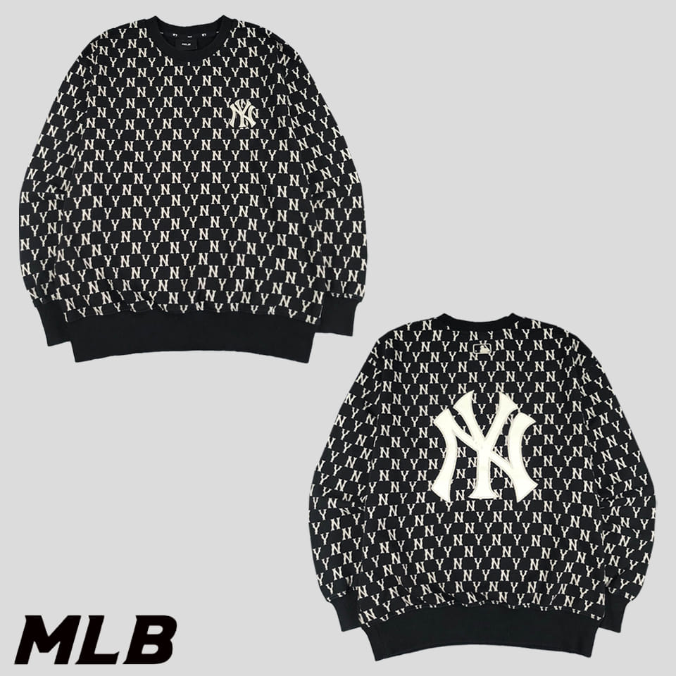 MLB 엠엘비 블랙 화이트 뉴욕양키즈 모노그램 패턴 코튼 혼방 스웻 맨투맨 티셔츠 M