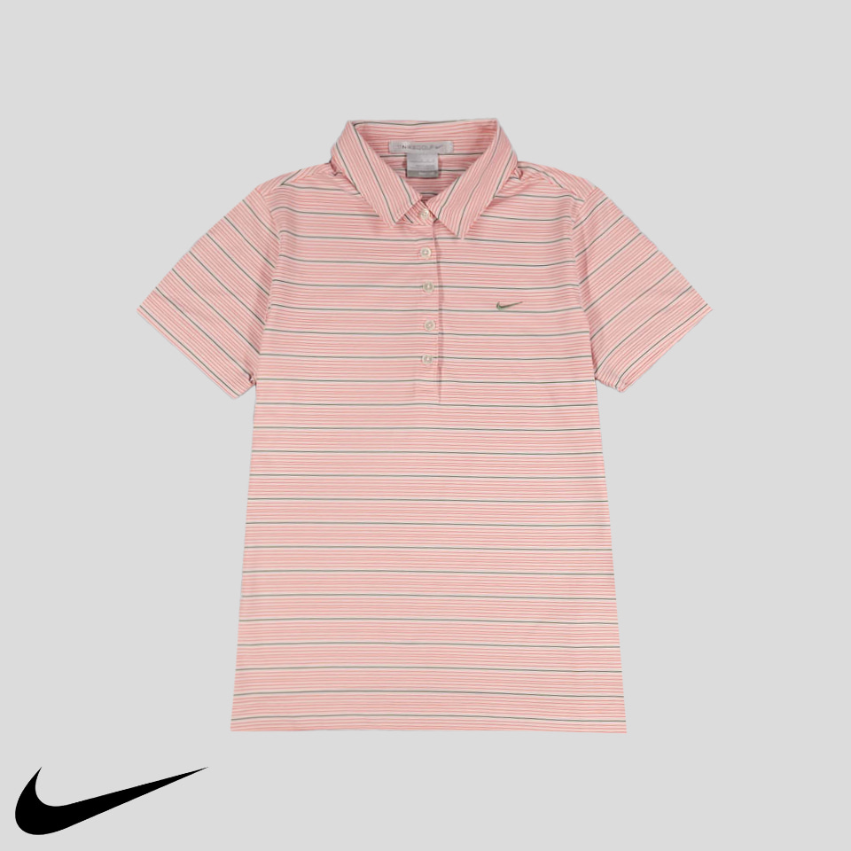 나이키 골프 00s 핑크 그린 스트라이프 패턴 핏드라이 기능성 폴리 스판 혼방 카라넥 반팔 티셔츠 WOMANS M