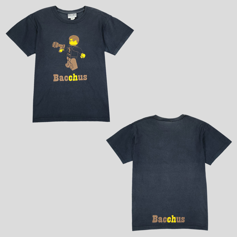 BACCHUS 피그먼트 블랙 레고 빅프린팅 키치 코튼100 반팔 티셔츠 MADE IN USA S