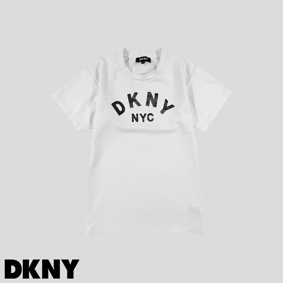 DKNY 디케이앤와이 화이트 블랙 유광 프린팅 비스코스 레이온 반팔 티셔츠 WOMANS S