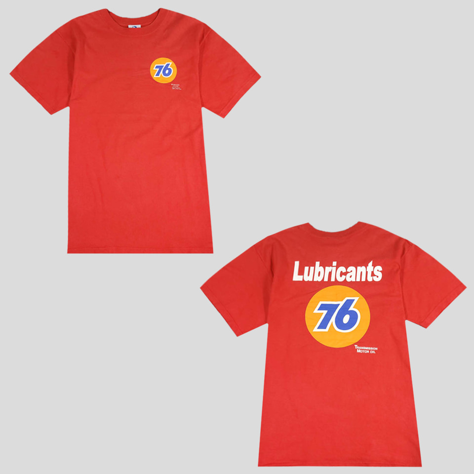 76 LUBRICANTS 레드 백프린팅 모터사이클 코튼100 반팔 티셔츠 MADE IN USA M