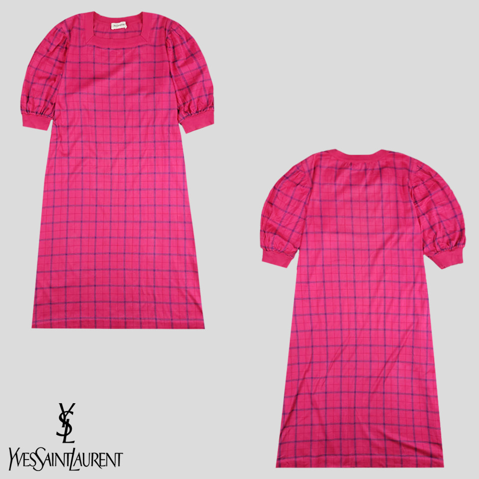 YSL 입생로랑 핑크 체크 패턴 벌룬 퍼프 소매 스퀘어넥 코튼 반팔 원피스 WOMANS M-L