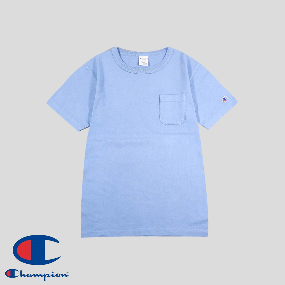 챔피온 스카이 블루 소라 상아색 체스트포켓 암패치 헤비웨이트 헤비코튼100 반팔 티셔츠 MADE IN USA S