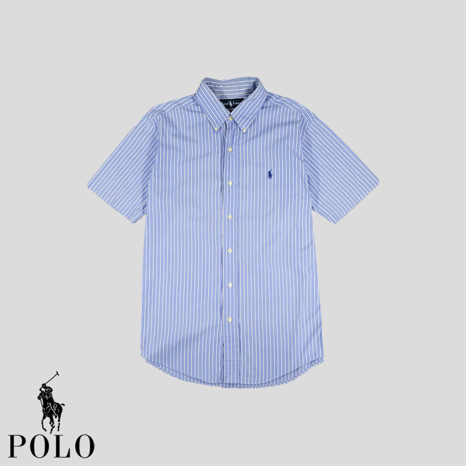 폴로랄프로렌 블루 네이비포니 화이트 스트라이프 버튼다운 커스텀핏 코튼100 반팔셔츠 하프셔츠 M