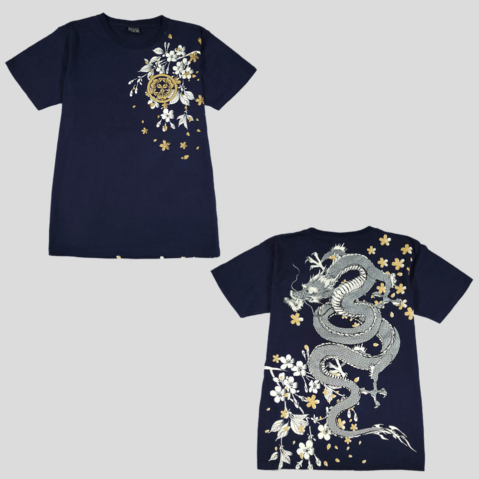 BULLET NOISE 네이비 사쿠라 벚꽃 용 동양풍 일본풍 프린팅 코튼100 반팔 티셔츠 M