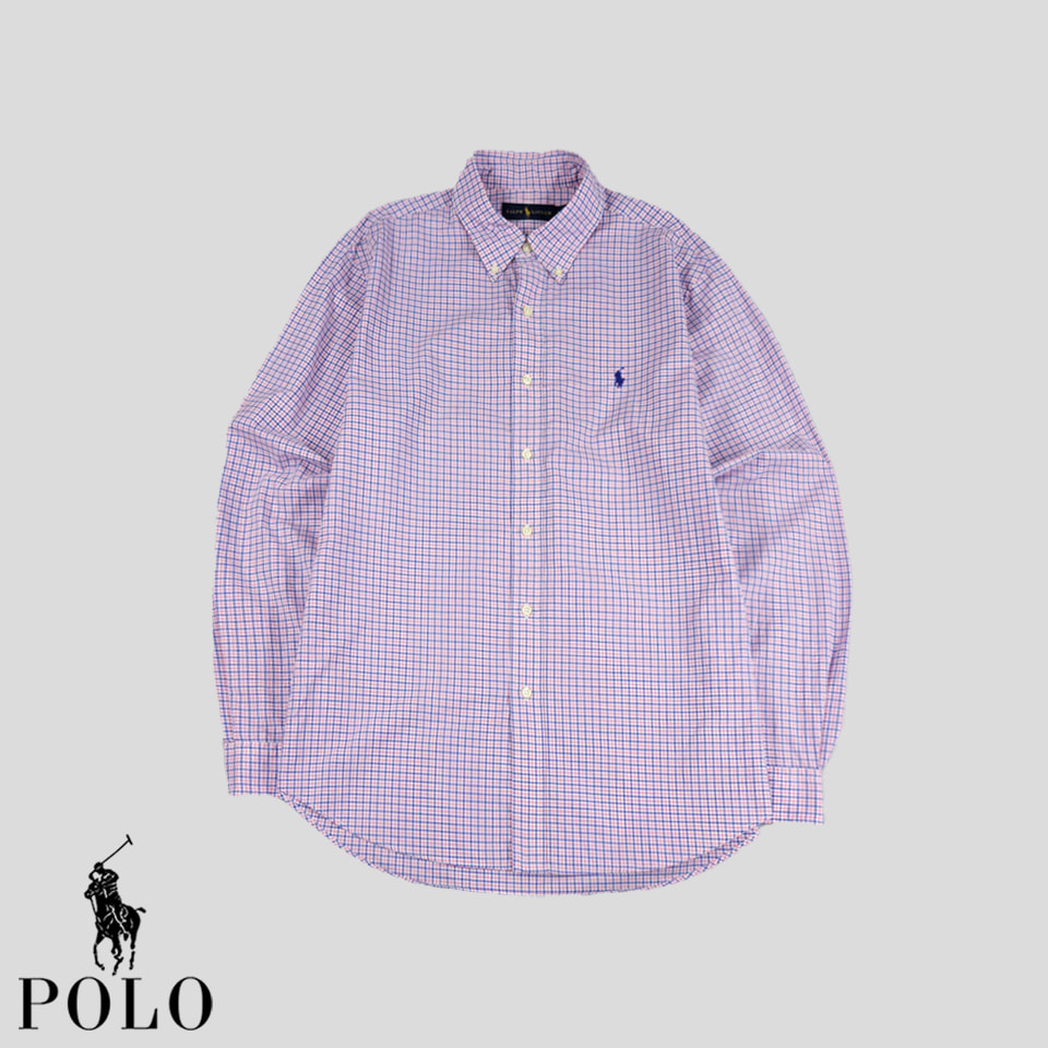 폴로랄프로렌 블루 핑크 체크 버튼다운 네이비포니 코튼100 남방 셔츠 L