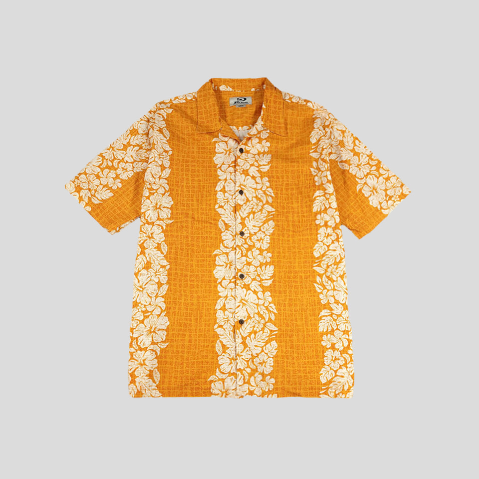 피코서프 오렌지 플라워패턴 하와이안 코튼100 반팔셔츠 하프셔츠 L