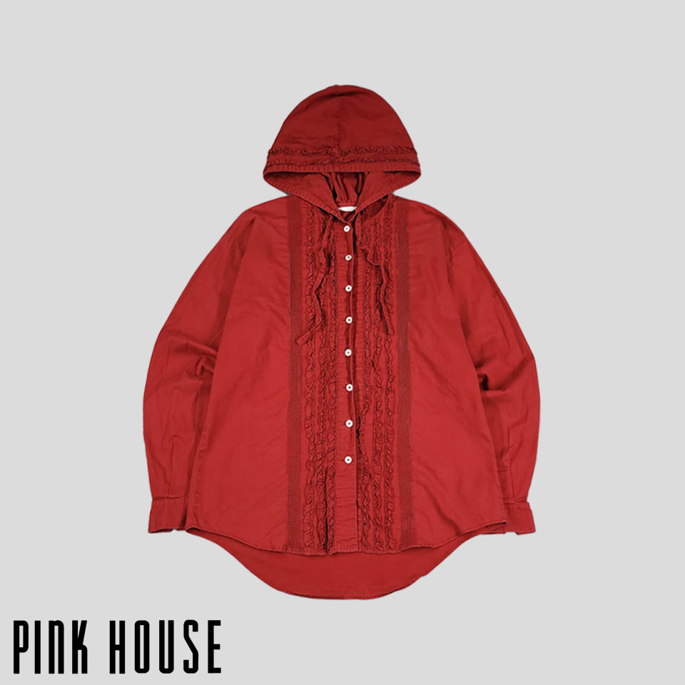 PINK HOUSE 핑크 하우스 레드 프릴 셔링 코튼 혼방 후드 남방 셔츠 WOMANS M