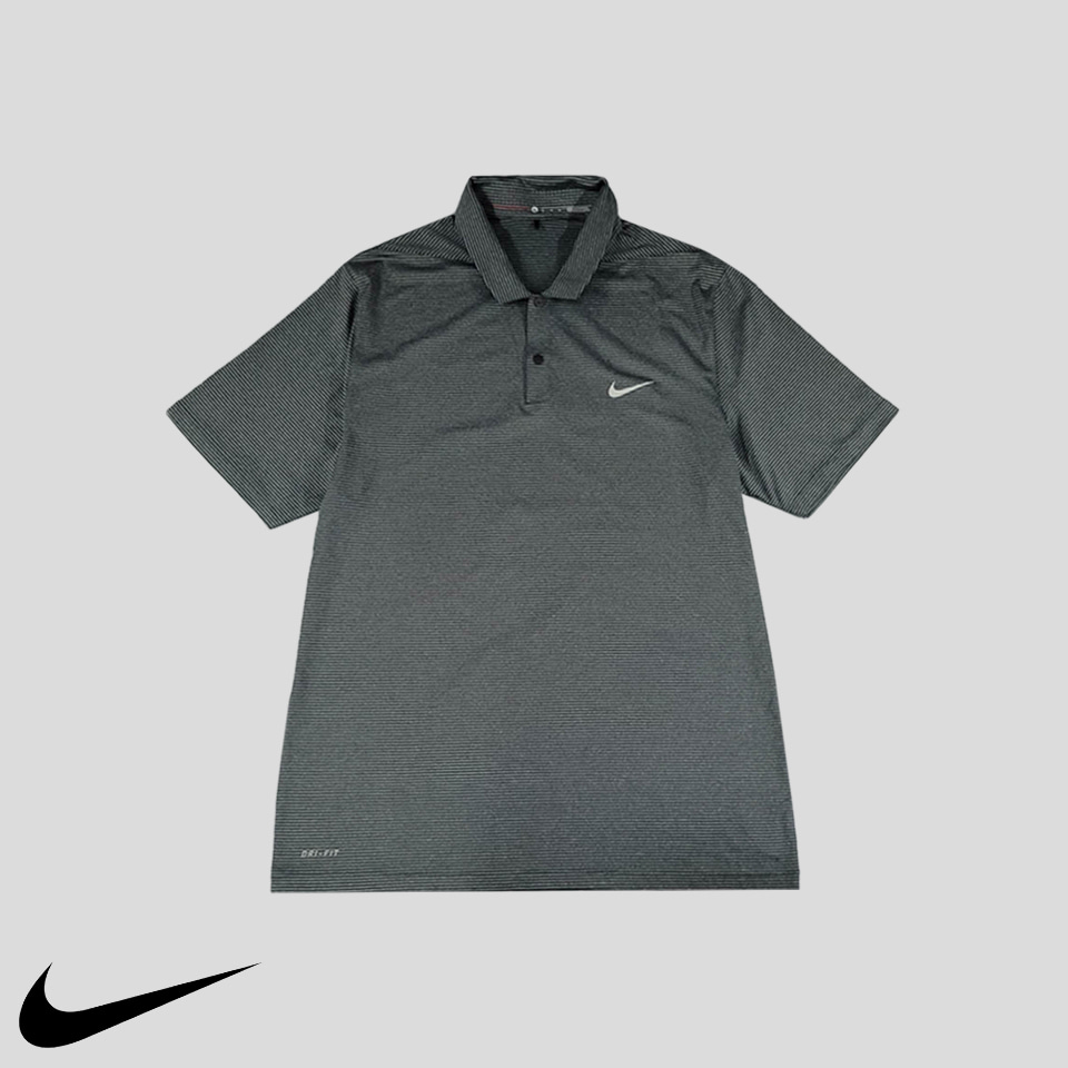 나이키 타이거우즈 그레이 스트라이프 리플렉티브 로고 드라이핏 골프웨어 기능성 카라넥 반팔 티셔츠 XL
