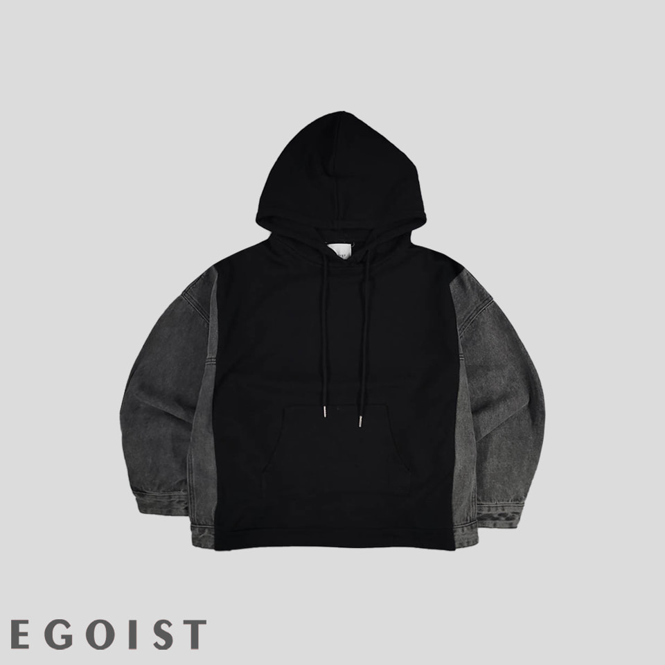 EGOIST 에고이스트 블랙 흑청워싱 배색 오버핏 코튼혼방 데님 후드 티셔츠 3XL