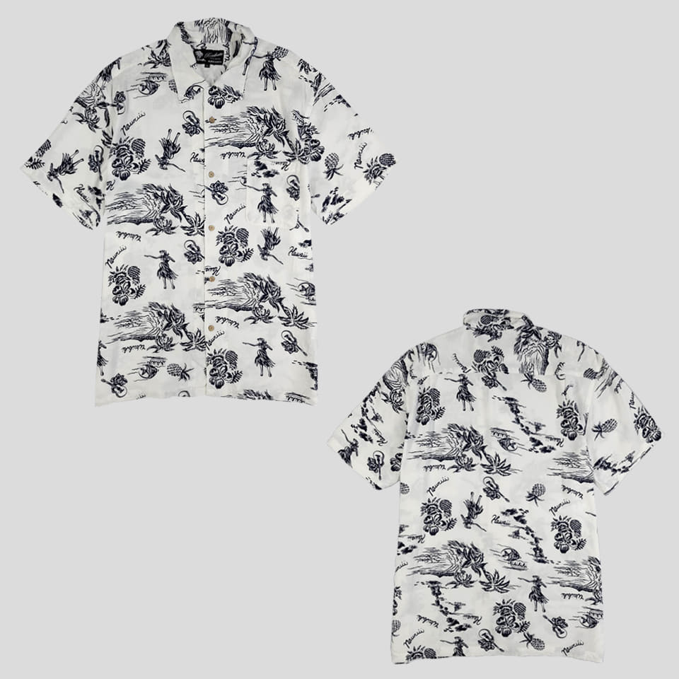 Roushatte 화이트 딥네이비 파인애플 리프 하와이안걸 패턴 레이온100 알로하셔츠 하와이안셔츠 반팔셔츠 하프셔츠 L